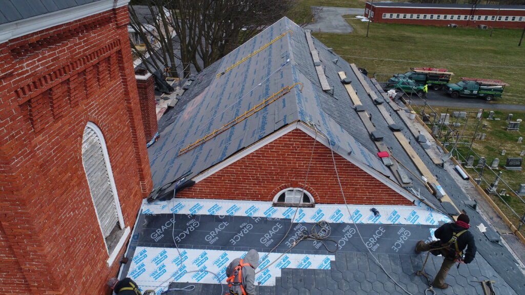 Slate roof installation at Maytown Reformed United Church of Christ